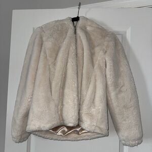 Jou Jou Elegant Cream Faux Fur Jacket with pink satin lining
